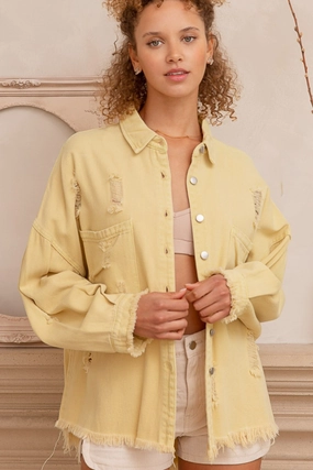 Trending Hot Deal Pol Button Down Raw Hem Distressed Shacket
