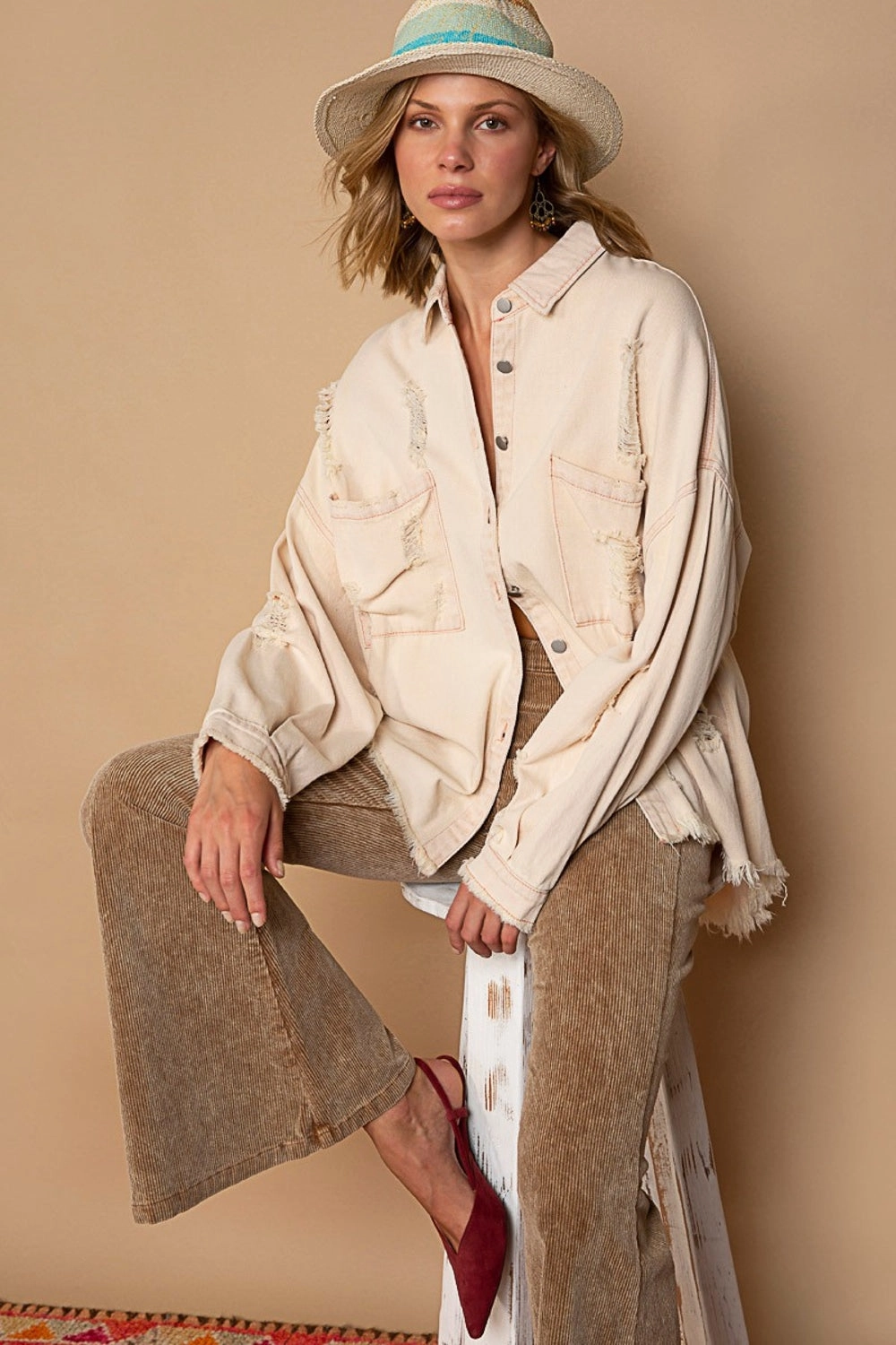 Big Sale Today Pol Button Down Raw Hem Distressed Shacket