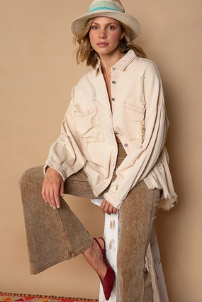 Big Sale Today Pol Button Down Raw Hem Distressed Shacket