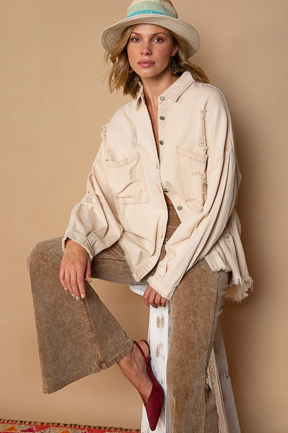 Biggest Savings Now Pol Button Down Raw Hem Distressed Shacket