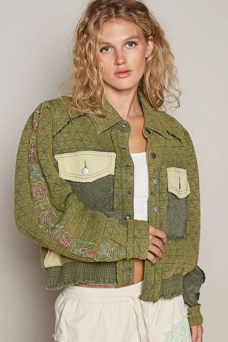 Hot Clearance Now Pol Embroidered Sleeve Raw Edge Quilted Jacket