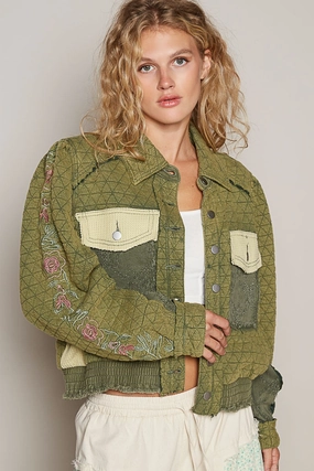 Price Slash Today Shop Hot Deals Pol Embroidered Sleeve Raw Edge Quilted Jacket