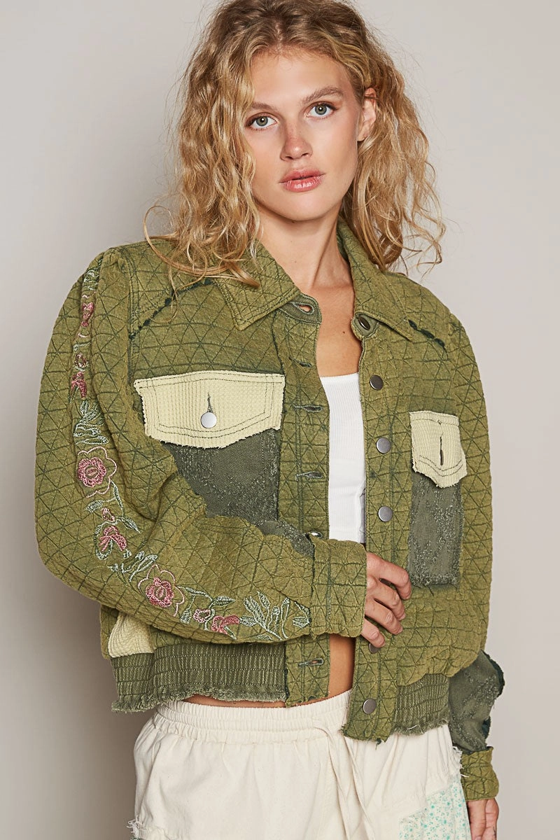 Gift Ideas Galore Pol Embroidered Sleeve Raw Edge Quilted Jacket