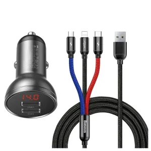 Weekend Flash Offer Baseus Digital Display Dual Usb 4.8A Car Charger 24W With 3 In 1 Data Cable 1.2M