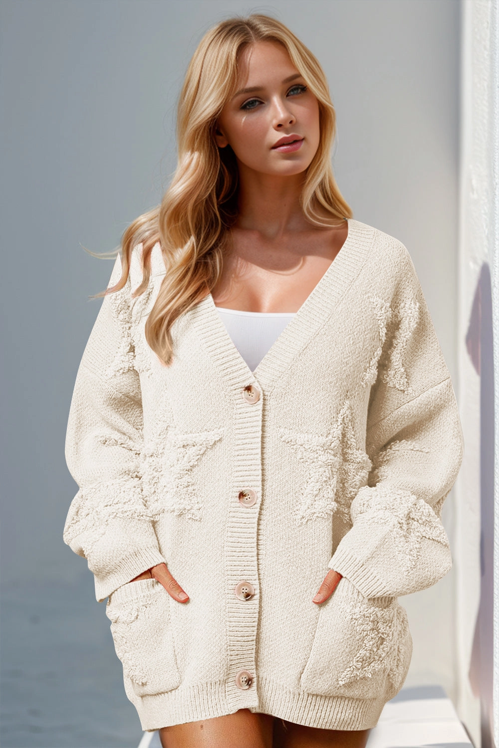 Double Take Full Size Button Up Star Pattern Cardigan Big Savings Today Weekend Specials