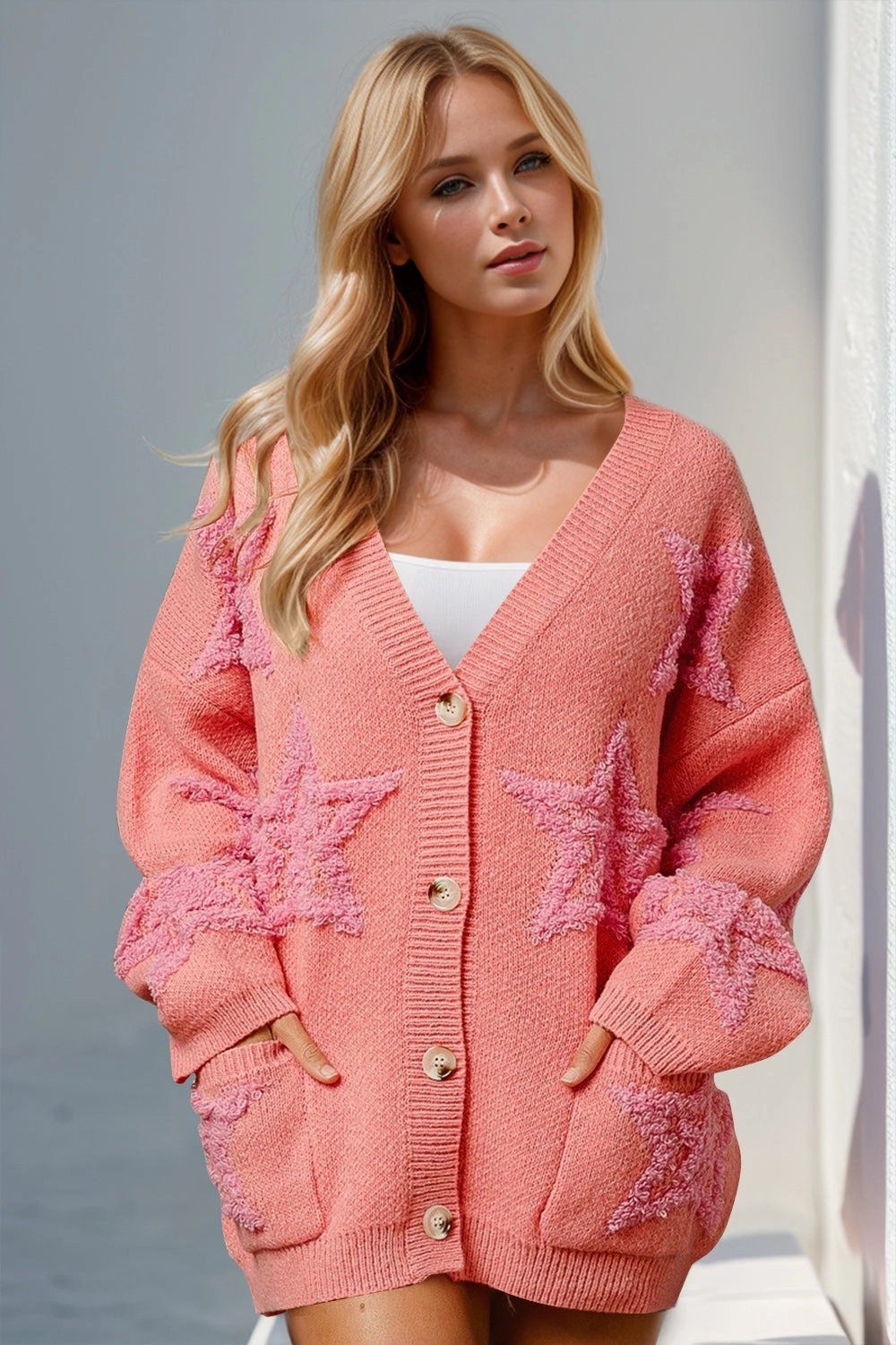 Exclusive Online Discount Double Take Full Size Button Up Star Pattern Cardigan