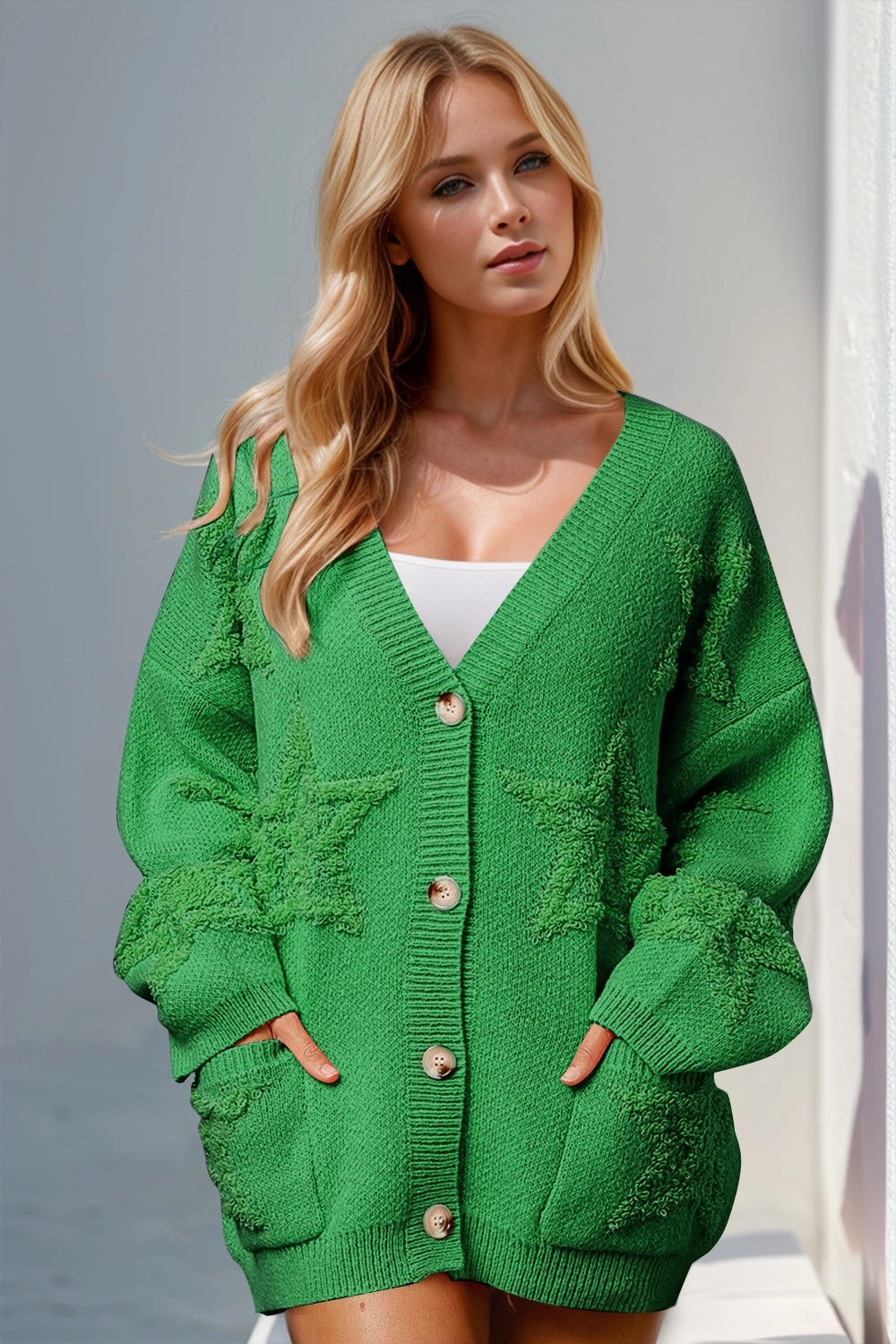 Double Take Full Size Button Up Star Pattern Cardigan Clearance Alert Now