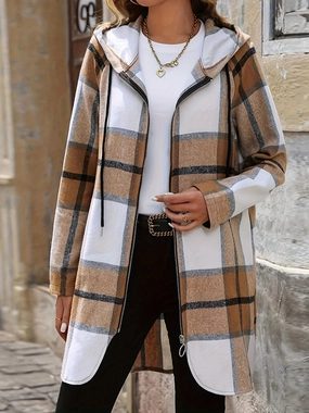 Limited Time Sale Drawstring Plaid Zip Up Hooded Outerwear