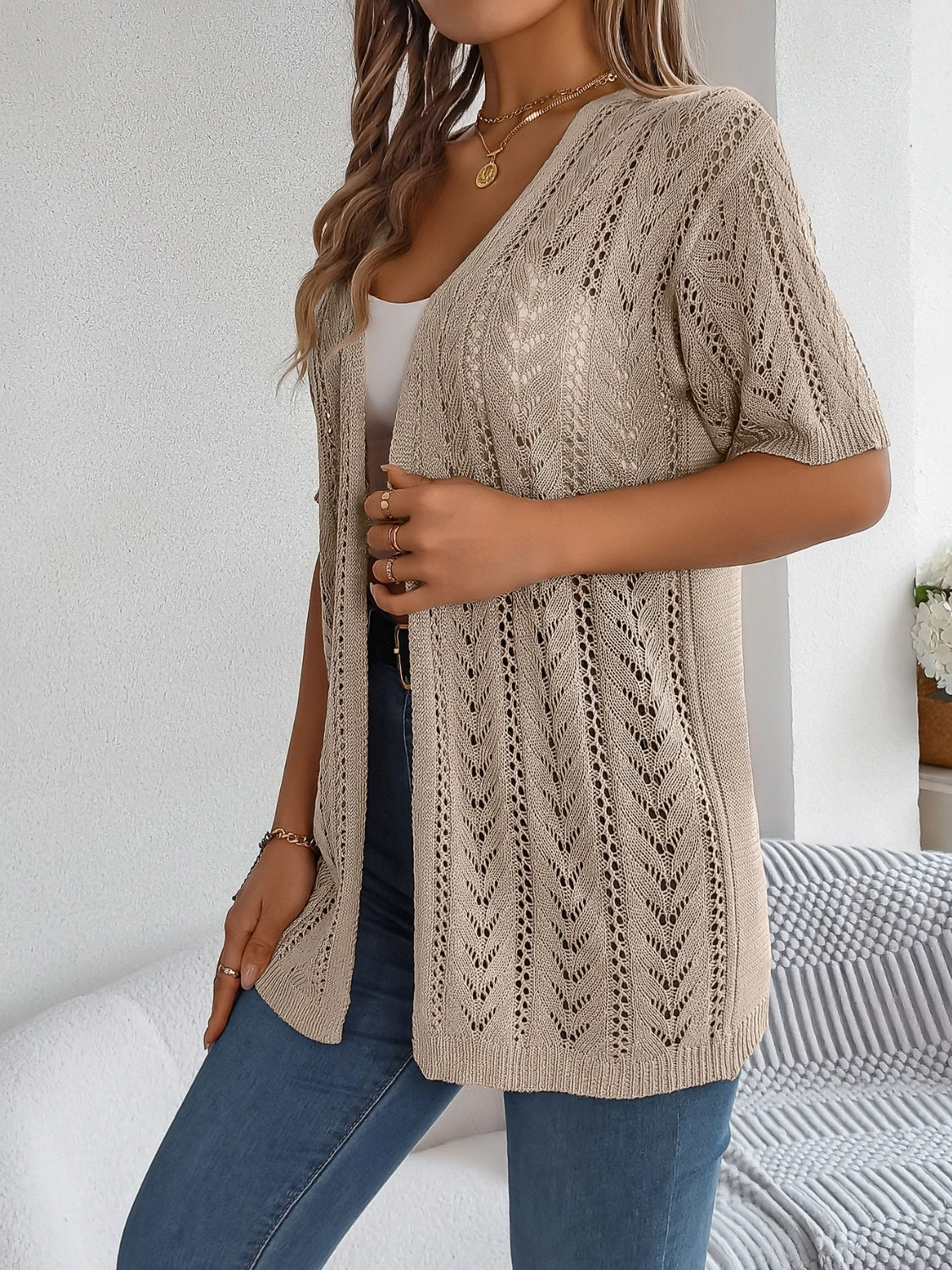Save More Online Perfect Gift Sale Openwork Open Front Half Sleeve Cardigan