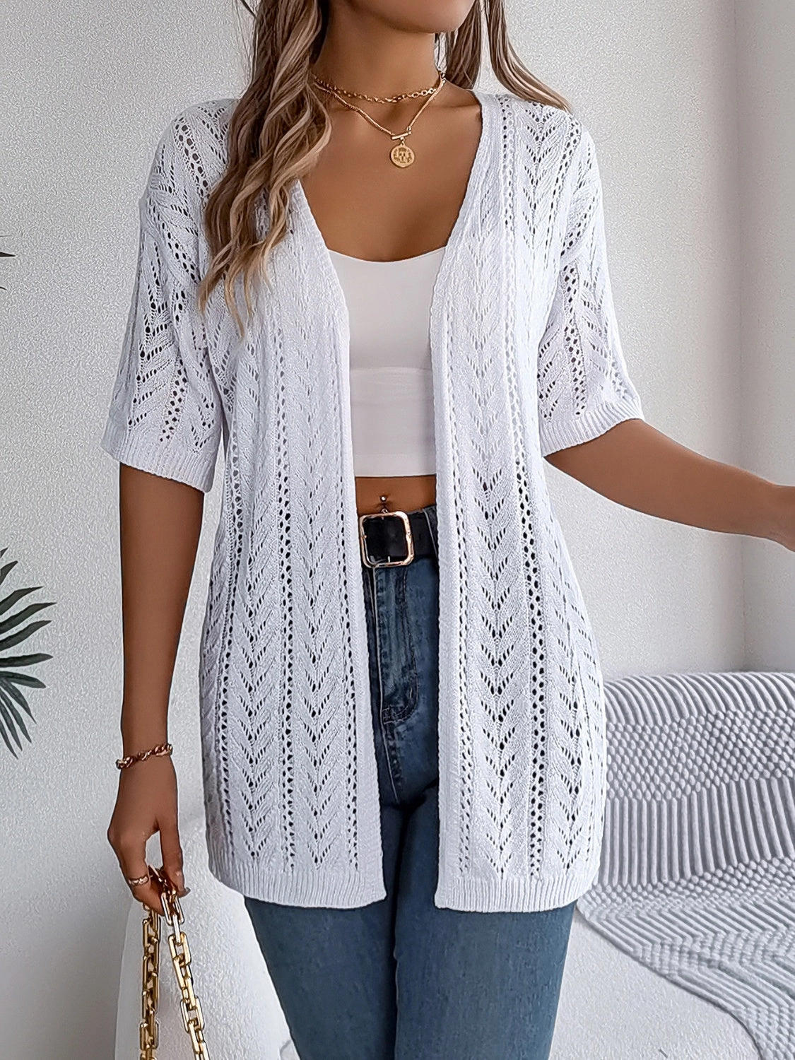 Openwork Open Front Half Sleeve Cardigan Special Offer Inside