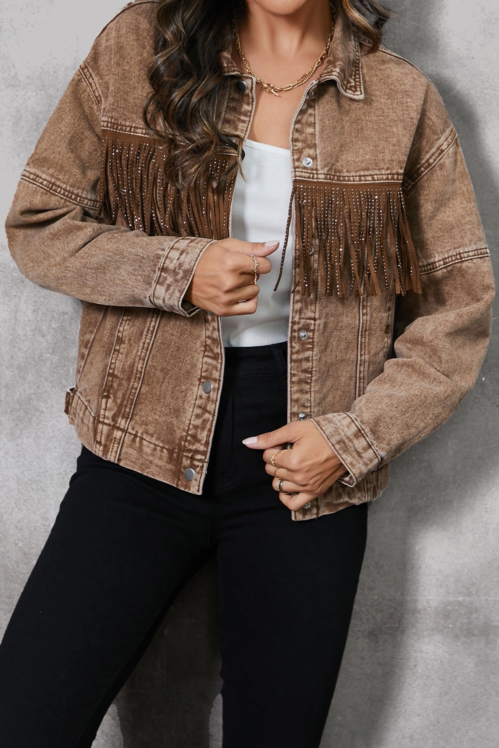 Price Drop Frenzy Fringe Trim Snap Down Denim Jacket