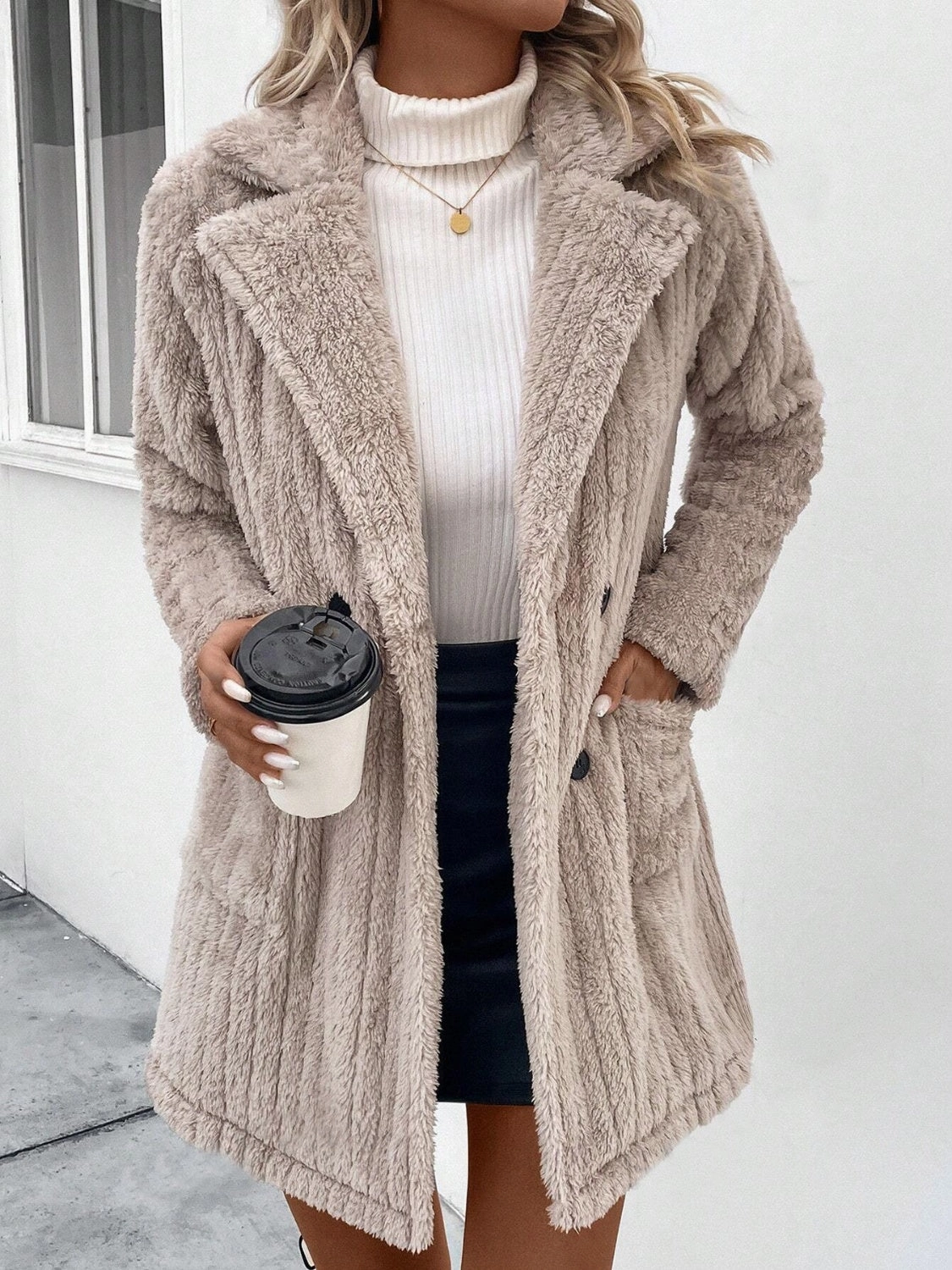 Instant Discount Shop Smart Deals Fuzzy Button Up Long Sleeve Coat With Pockets