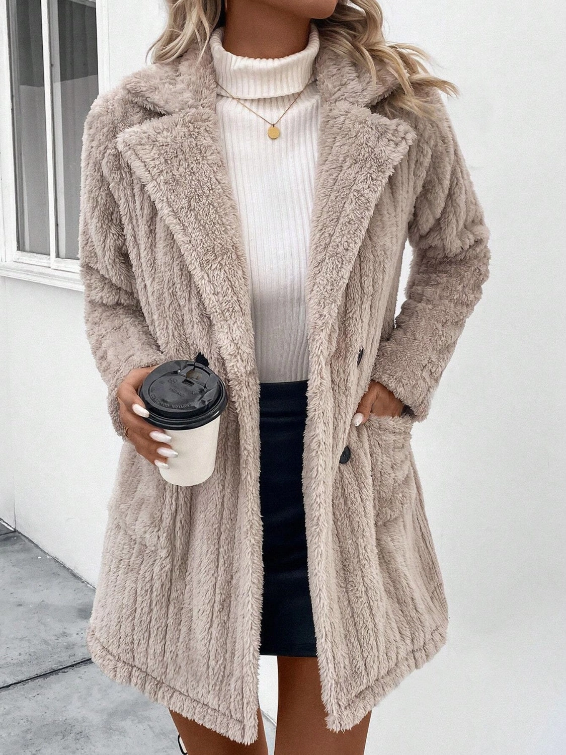 Fuzzy Button Up Long Sleeve Coat With Pockets Shop Smart Save