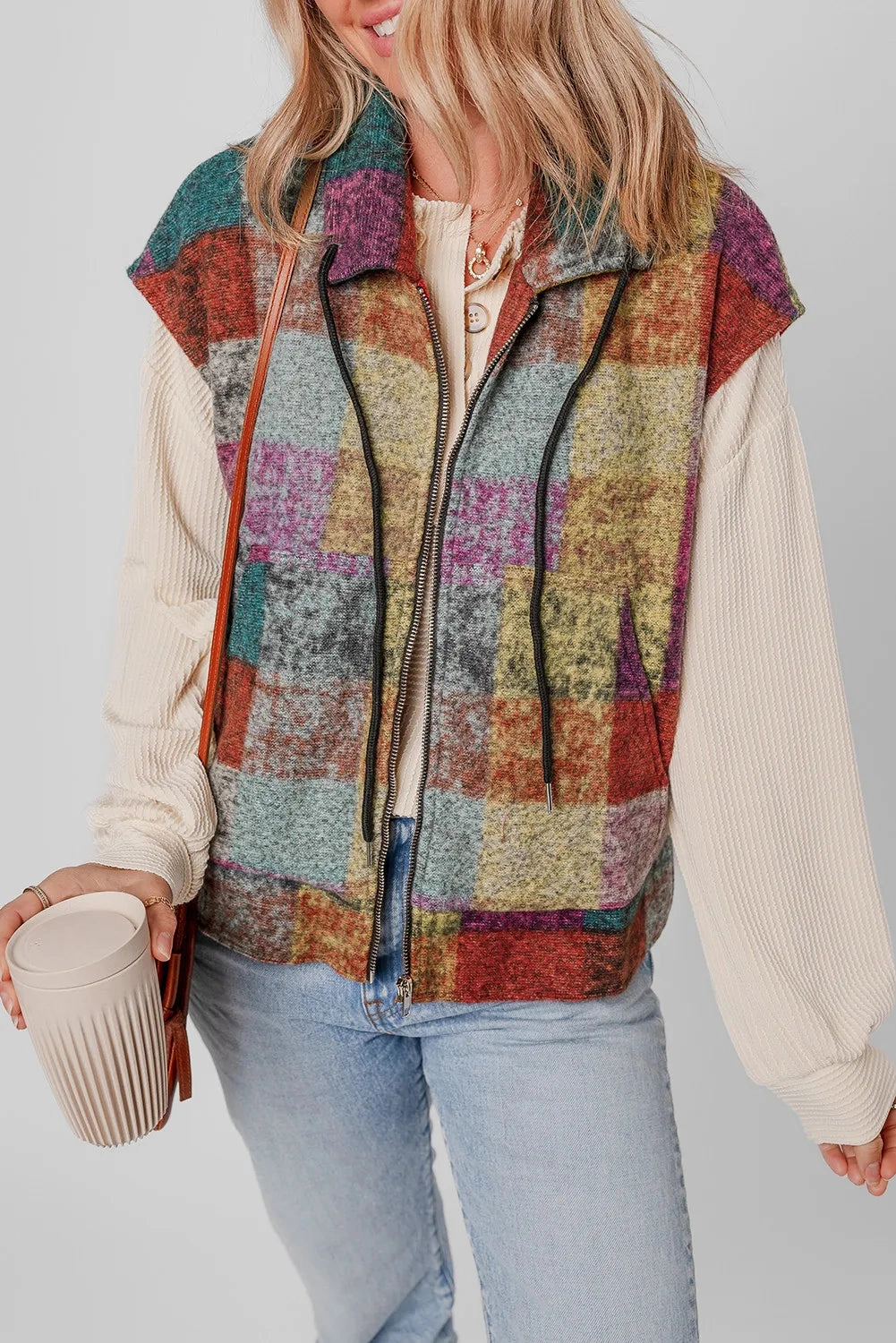 Save More Online Price Drop Today Plaid Zip Up Collared Neck Vest Coat