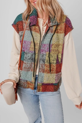 Save More Online Price Drop Today Plaid Zip Up Collared Neck Vest Coat