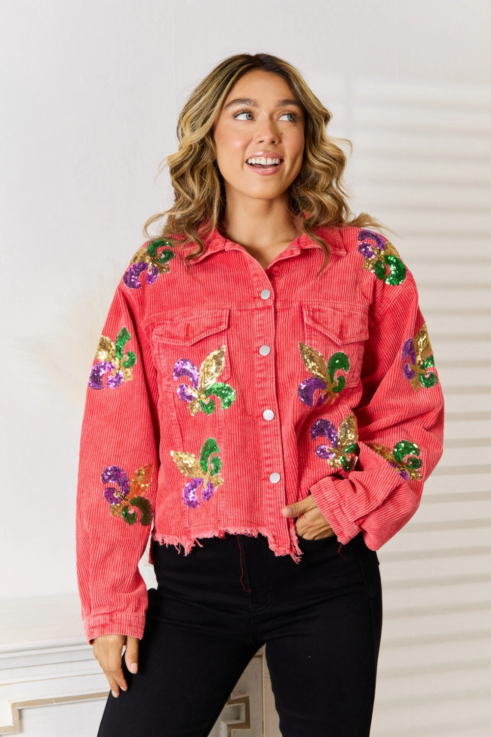 Sequin Raw Hem Jacket Shop Grab Offer