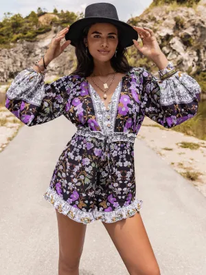 Printed Frill Half Button Balloon Sleeve Romper Flash Deal Alert Limited Stock Offer