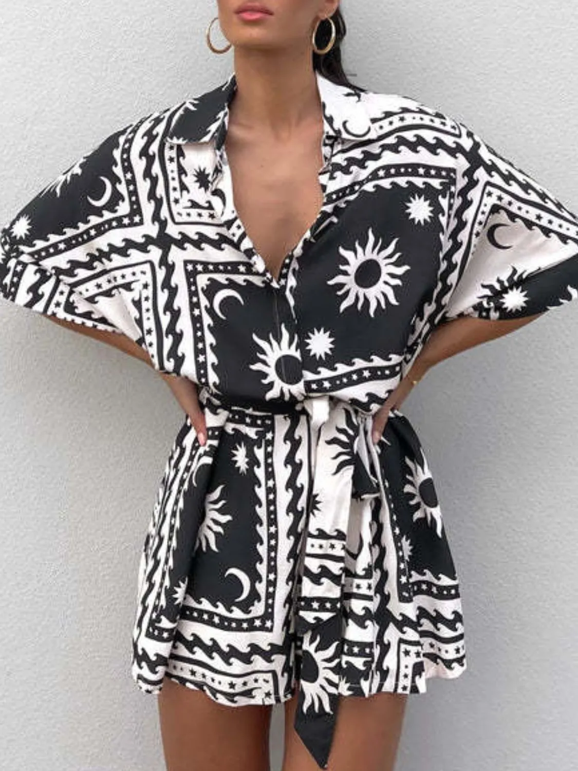 GiftWorthy Sale Trending Now Discount Printed Tie Waist Half Sleeve Romper