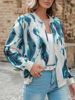 Printed Baseball Collar Zip Up Jacket Hot Item Clearance