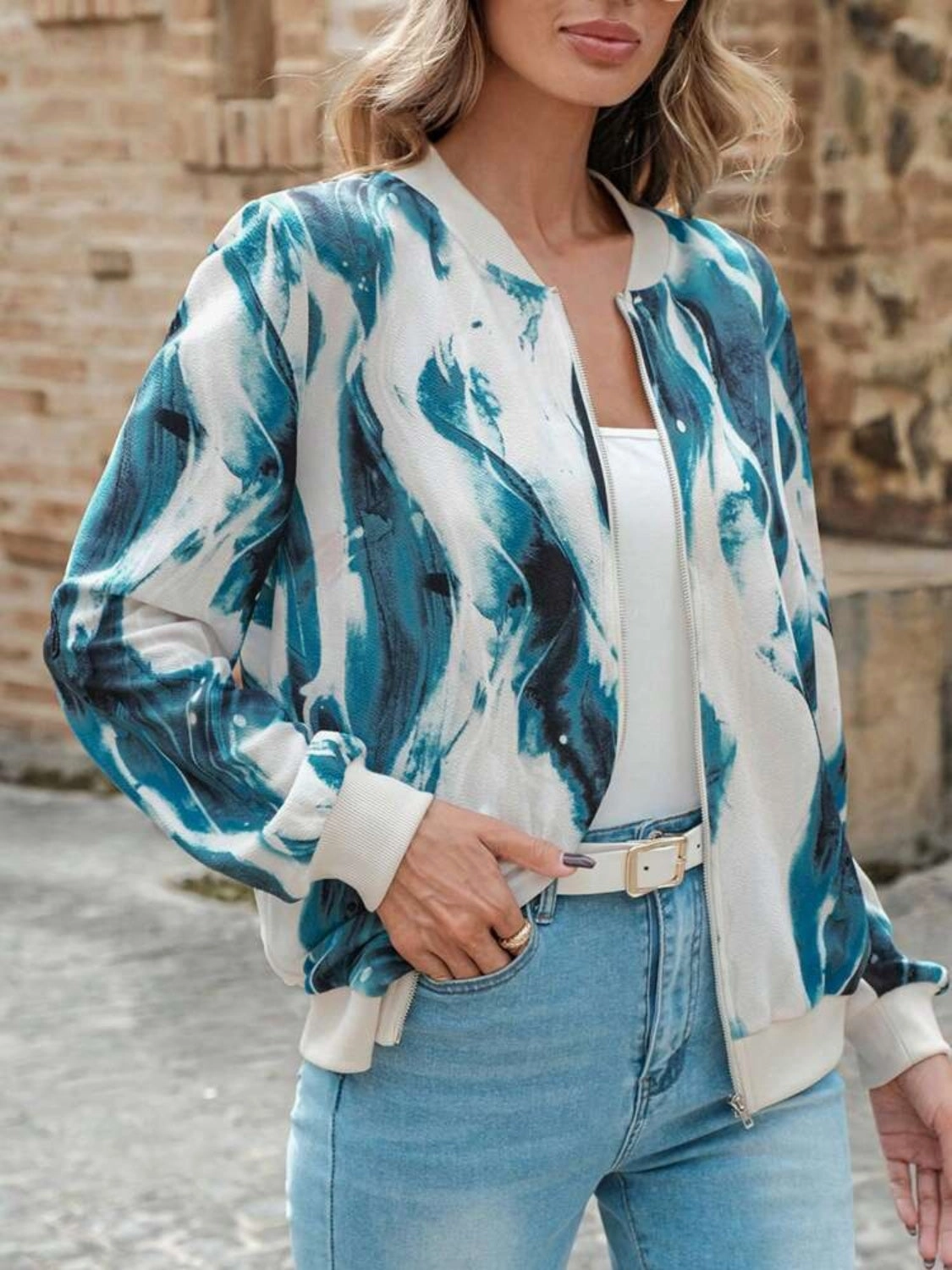 Printed Baseball Collar Zip Up Jacket Hot Item Clearance