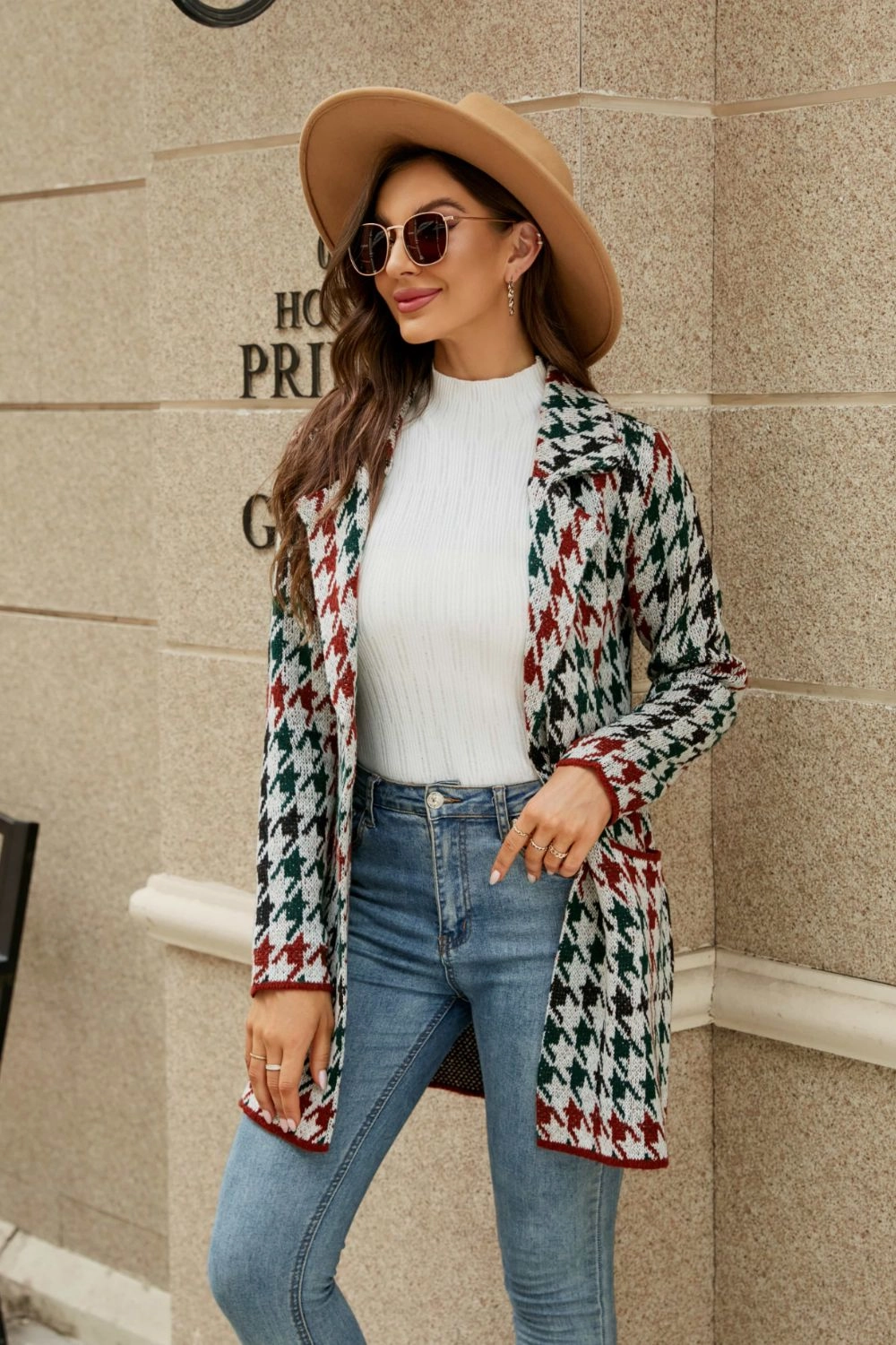 Save Big Online Save More Online Printed Open Front Lapel Collar Cardigan With Pockets