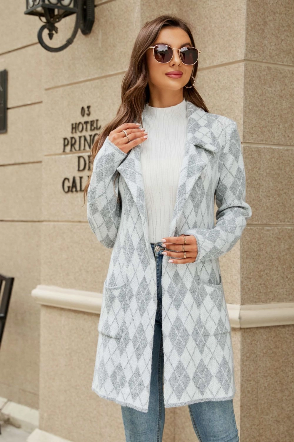 Printed Open Front Lapel Collar Cardigan With Pockets Limited Stock Alert Limited Stock Hot Deal