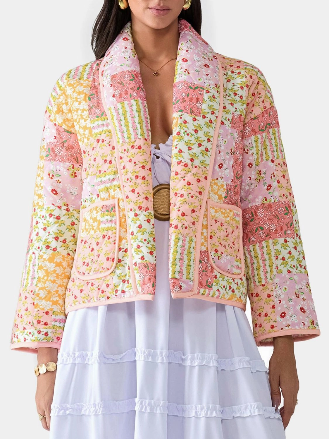 Big Sale Today Printed Patchwork Open Front Cardigan With Pockets