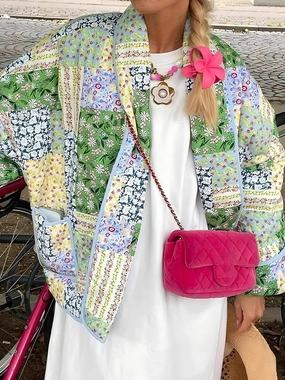 Limited Stock Offer Printed Patchwork Open Front Cardigan With Pockets
