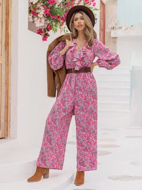 Printed Ruffled V-Neck Balloon Sleeve Jumpsuit Dont Miss Hot Deals Limited Time Hot Deal