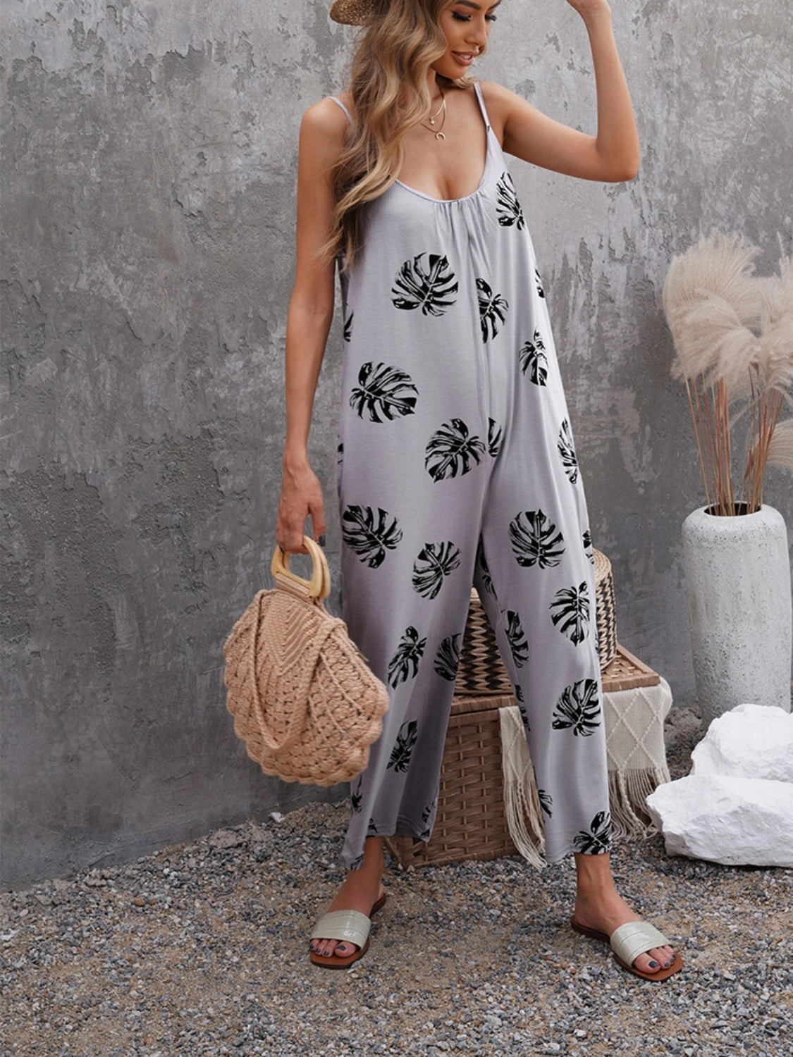 Printed Spaghetti Strap Jumpsuit With Pockets Limited Stock Alert Today Only Savings