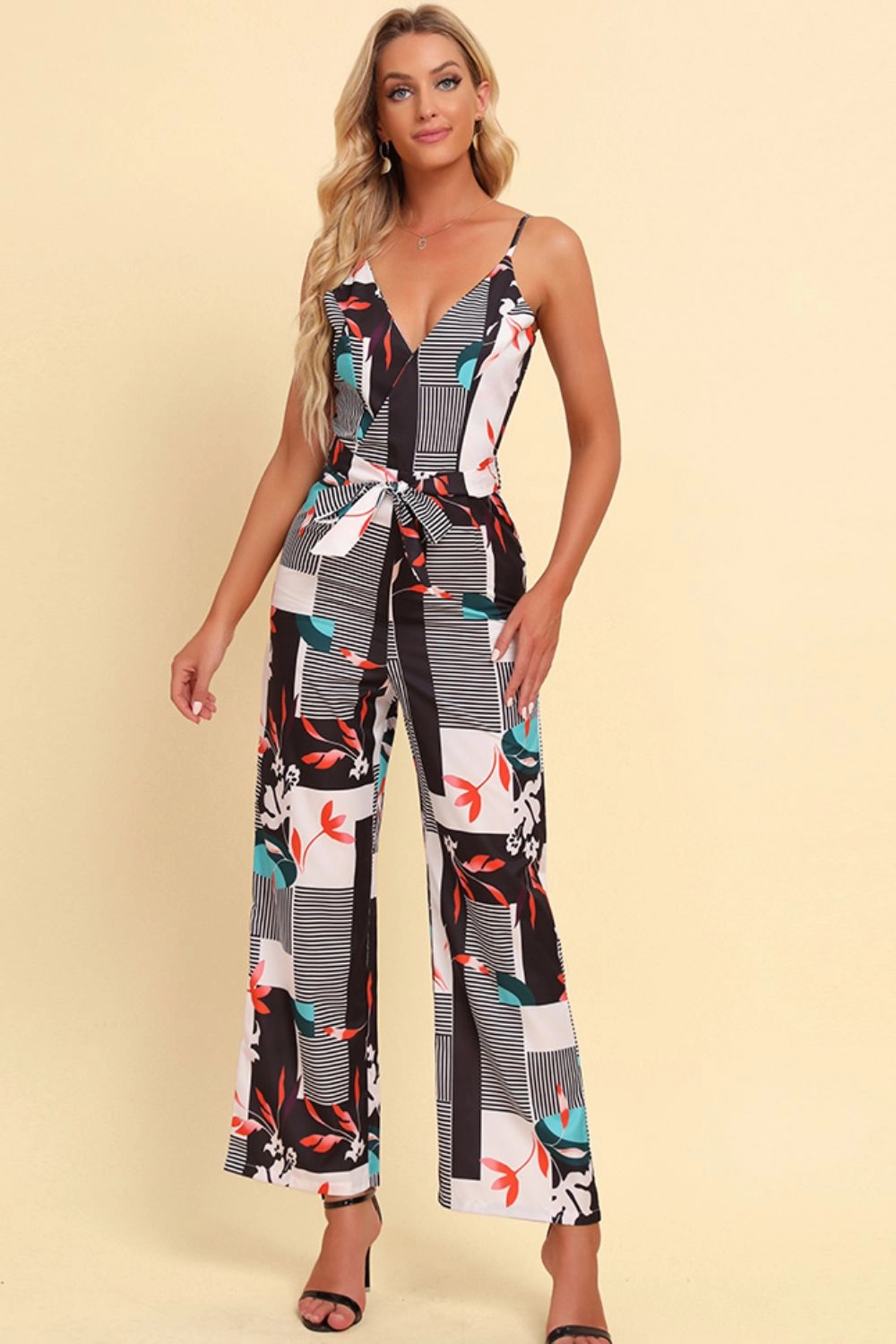 MustHave Deals Printed Spaghetti Strap Tied Jumpsuit