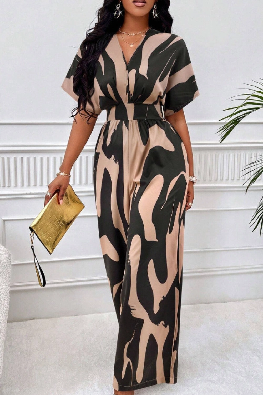 Printed V-Neck Short Sleeve Wide Leg Jumpsuit Shop Todays Picks