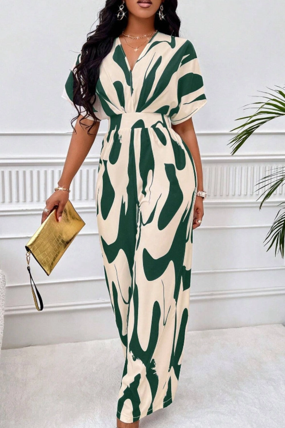 Printed V-Neck Short Sleeve Wide Leg Jumpsuit Today Only Special