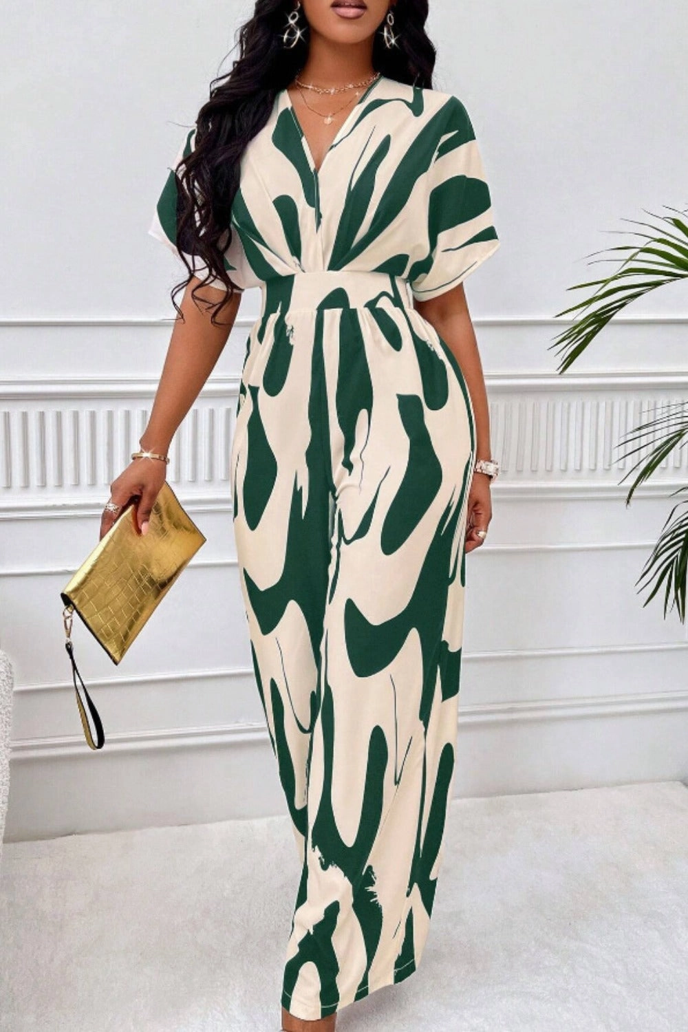 Online Exclusive Offer Best Price Online Printed V-Neck Short Sleeve Wide Leg Jumpsuit