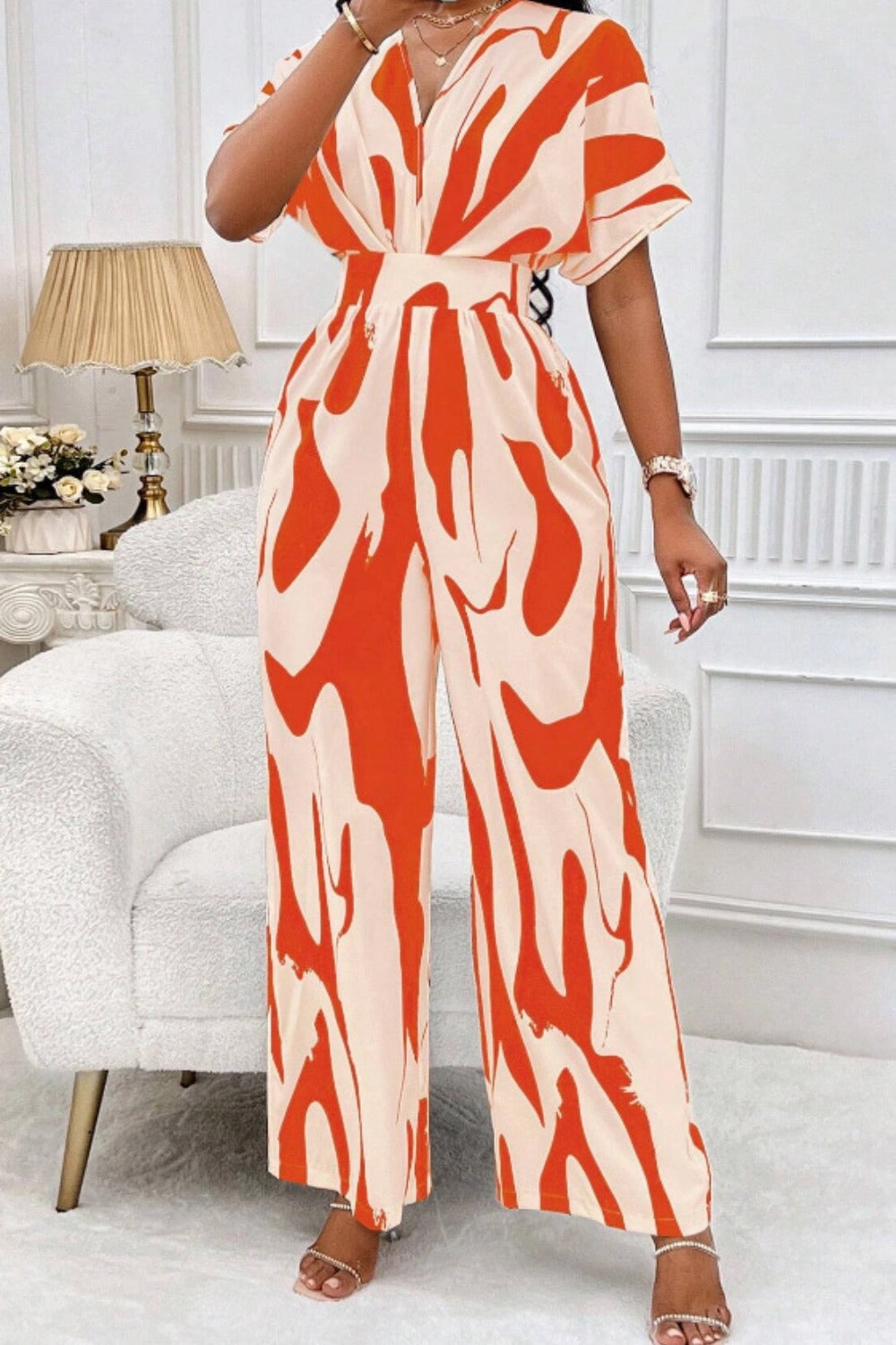 Sale Ending Soon Online Exclusive Savings Printed V-Neck Short Sleeve Wide Leg Jumpsuit