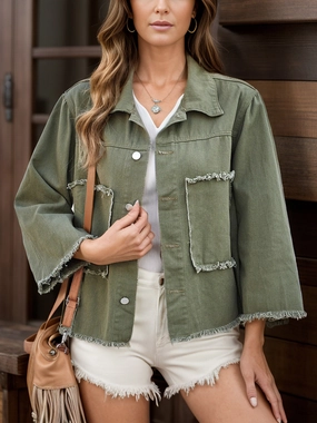 Raw Hem Button Up Denim Jacket Clearance Sale Hot Picks Today