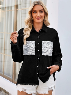 Hot Deal Alert Raw Hem Button Up Long Sleeve Denim Jacket With Sequin Pockets