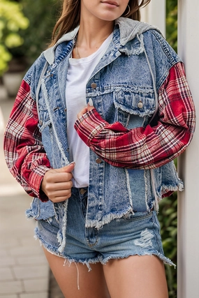 Raw Hem Drawstring Plaid Denim Jacket Hot Sale Alert Clearance Savings Now