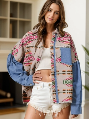 Special Surprise Sale Raw Hem Geometric Collared Neck Shacket