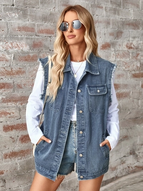 Raw Hem Sleeveless Button Up Denim Jacket Instant Discount Special Online Offer