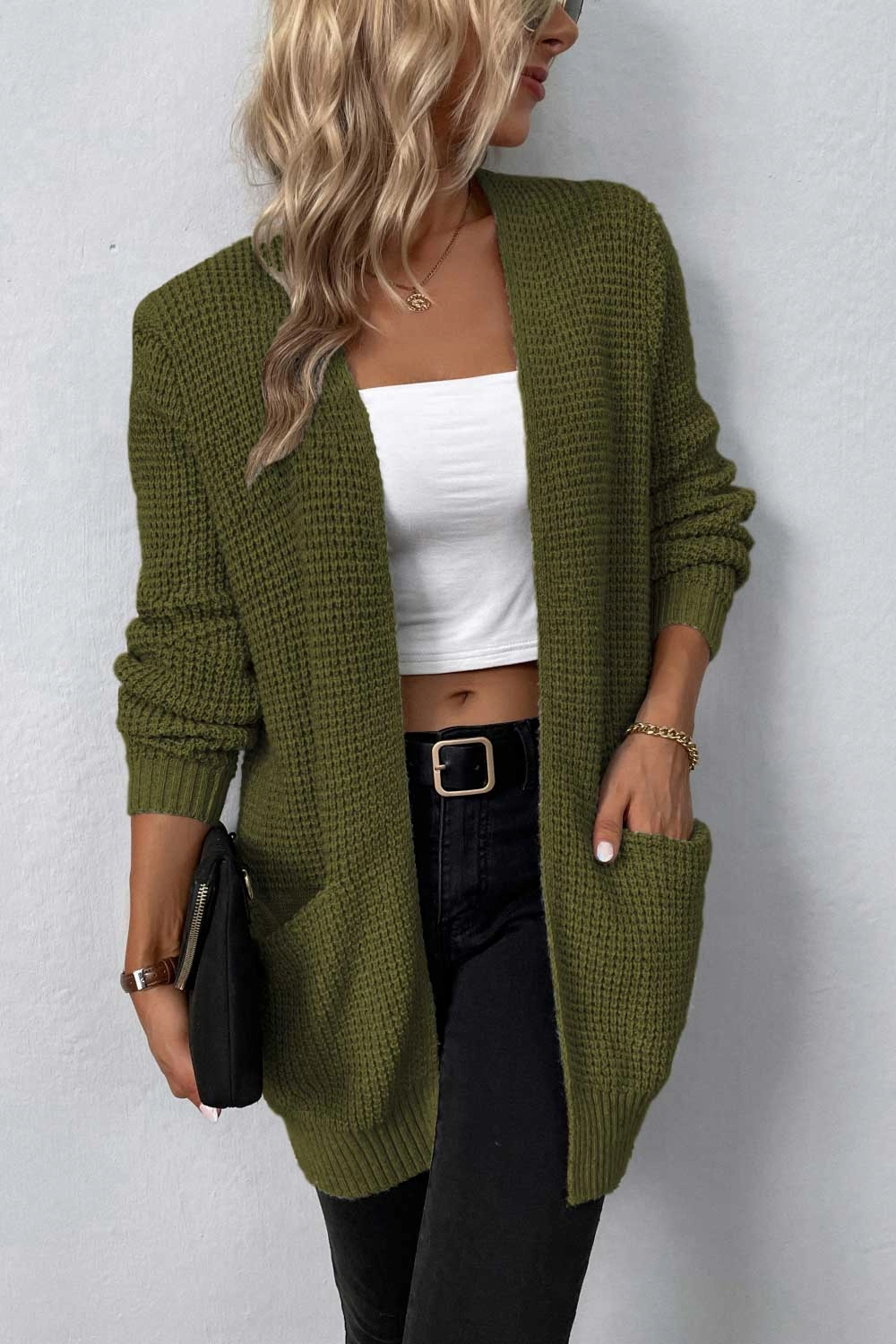 Shop Now Save Rib-Knit Open Front Pocketed Cardigan