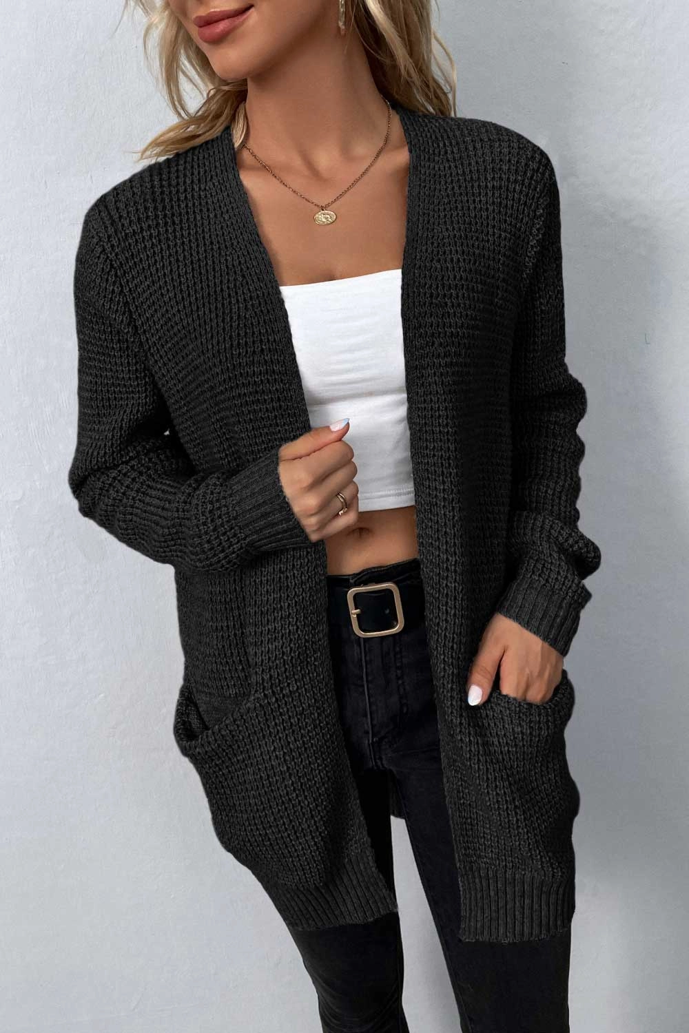 Best Price Online Rib-Knit Open Front Pocketed Cardigan