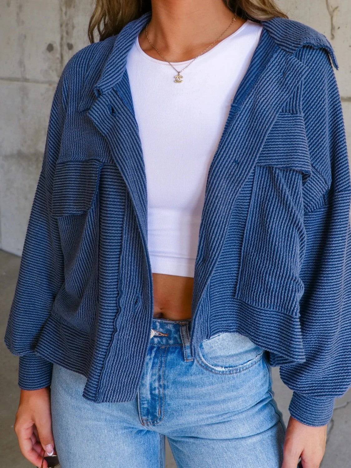 Ribbed Collared Neck Button Up Jacket Exclusive Deal Inside