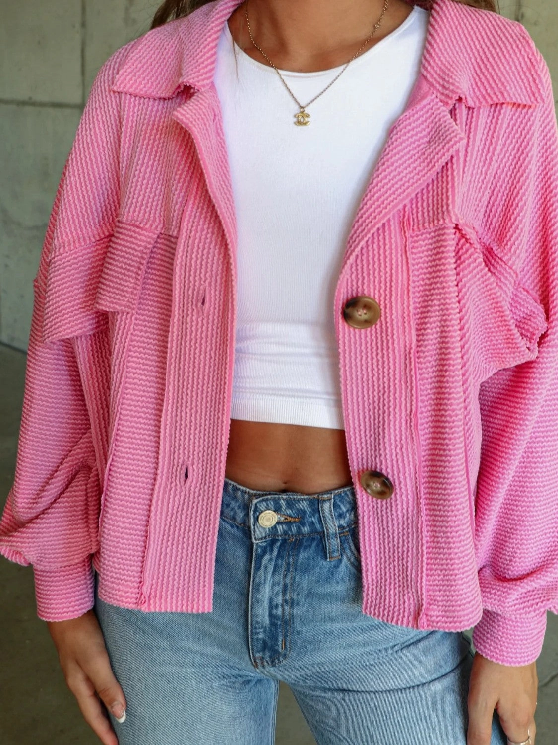 Today Only Hot Pick Ribbed Collared Neck Button Up Jacket