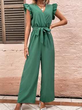 Online Deal Frenzy Ruffled Surplice Cap Sleeve Jumpsuit