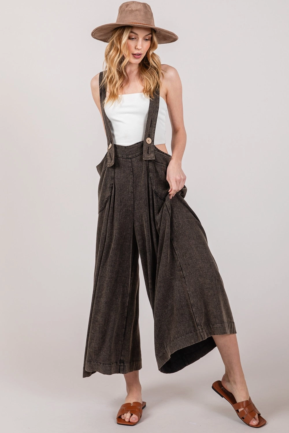 Sage   Fig Full Size Wide Strap Wide Leg Overalls Hot Discount Deal