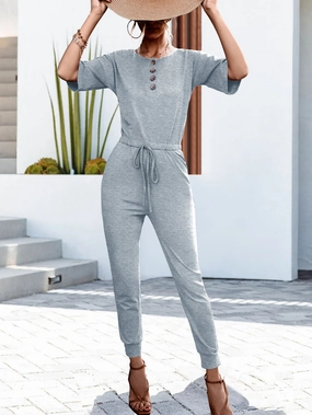 MustHave Items Buttoned Half Sleeve Round Neck Jumpsuit