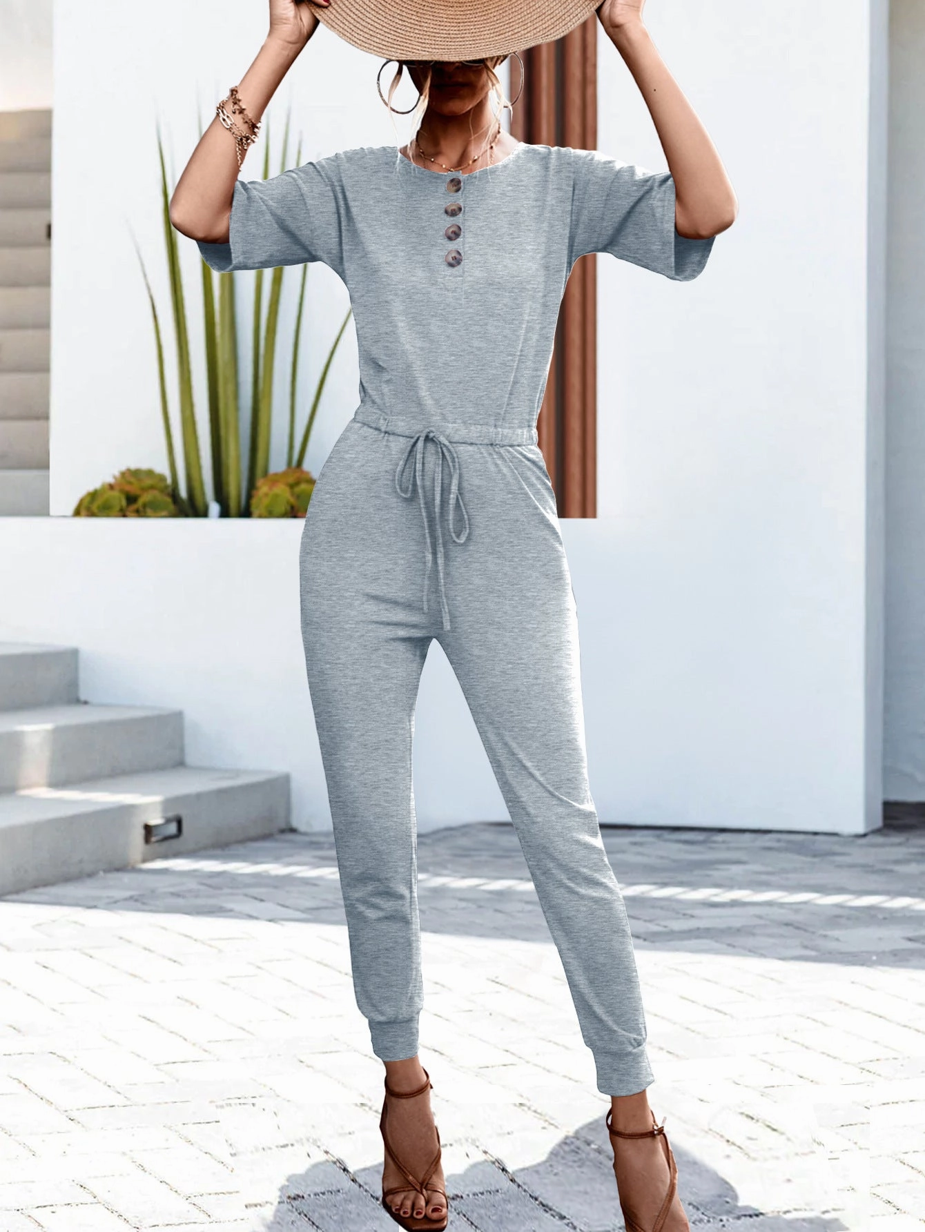 Buttoned Half Sleeve Round Neck Jumpsuit Limited Time Sale Grab Todays Deal