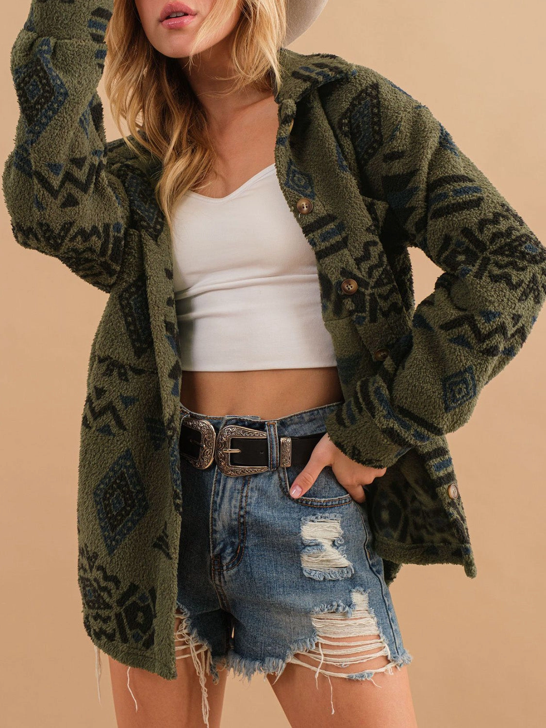 Geometric Button Up Long Sleeve Sherpa Jacket Deal of the Day Todays Hot Savings