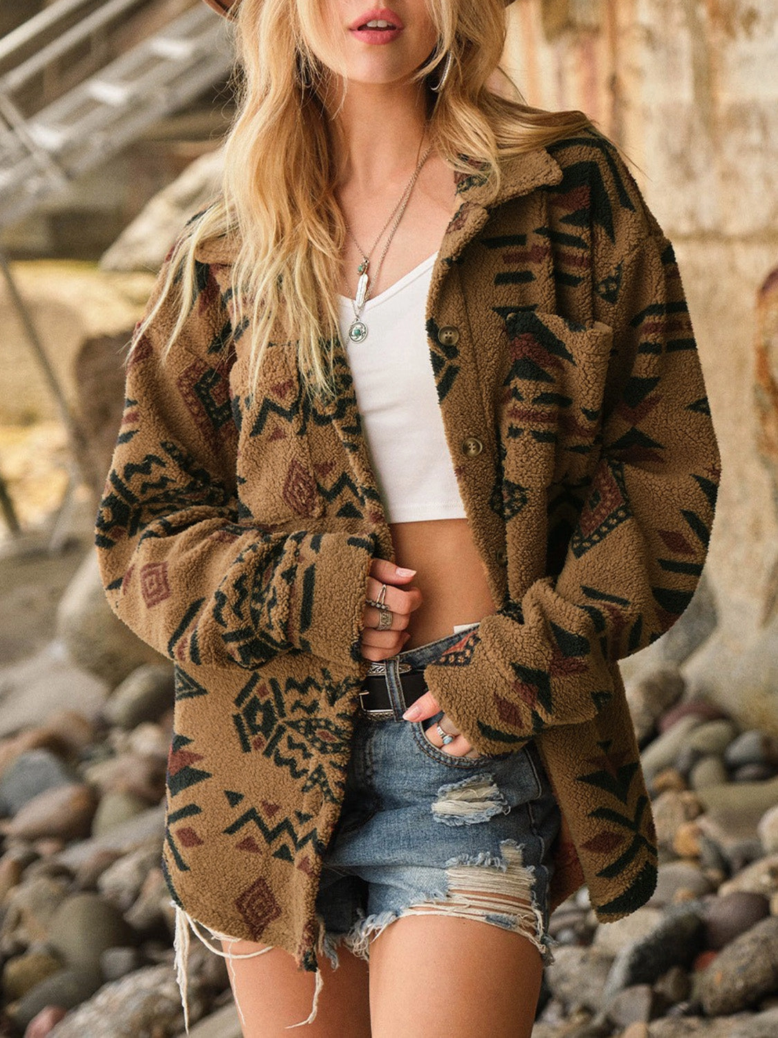 Special Steal Event Geometric Button Up Long Sleeve Sherpa Jacket